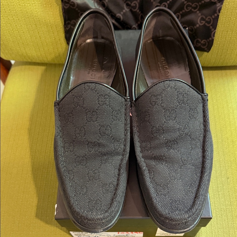 Gucci Black Monogram Canvas Slip-On Loafers